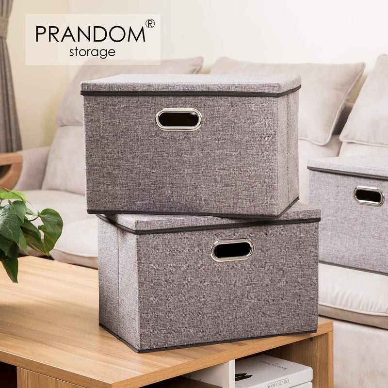 PRANDOM Large Collapsible Storage Containers with Lids [5-Pack] Linen Fabric Foldable Storage Bins Boxes Organizer Baskets Cube with Cover for Home Bedroom Closet Office Nursery (17.7x11.8x11.8) - Image 2